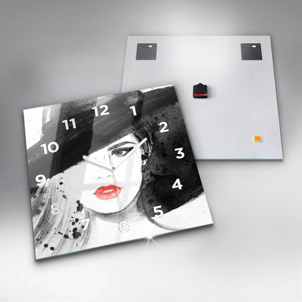 Čtvercové nástěnné hodiny Žena v klobouku