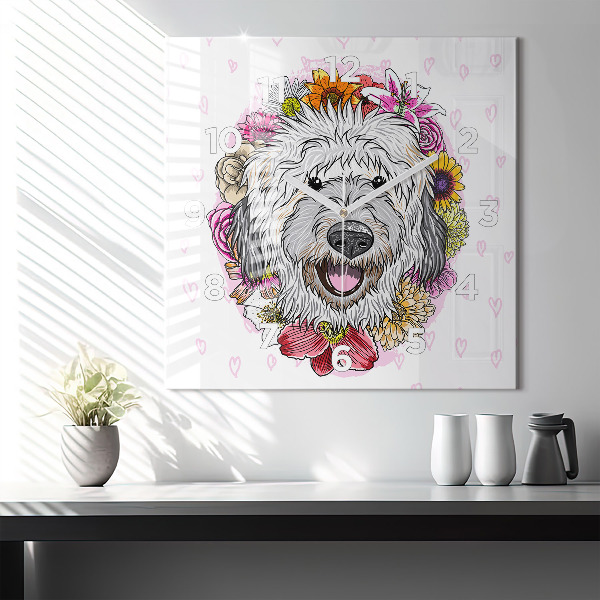 Čtvercové nástěnné hodiny Šťastný pes v květinách