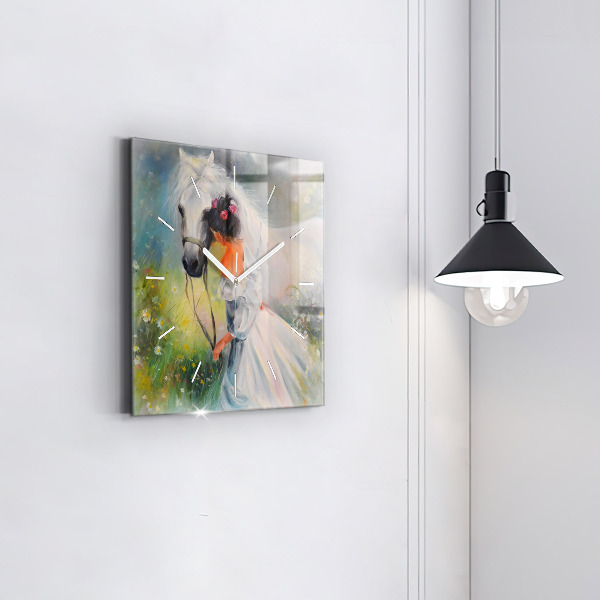 Čtvercové nástěnné hodiny Krásná žena s koněm