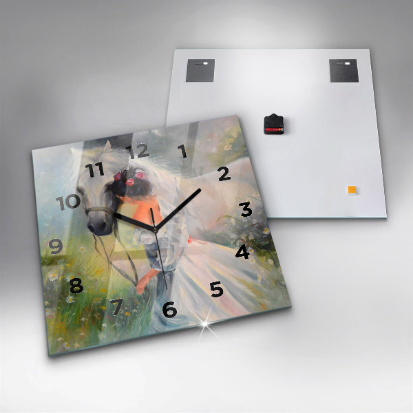 Čtvercové nástěnné hodiny Krásná žena s koněm