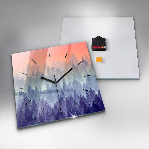 Čtvercové nástěnné hodiny Les v mlze