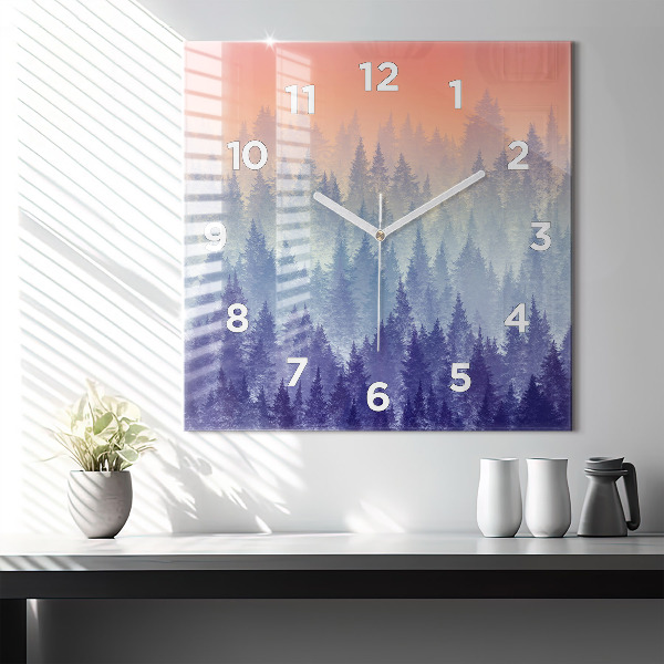 Čtvercové nástěnné hodiny Les v mlze