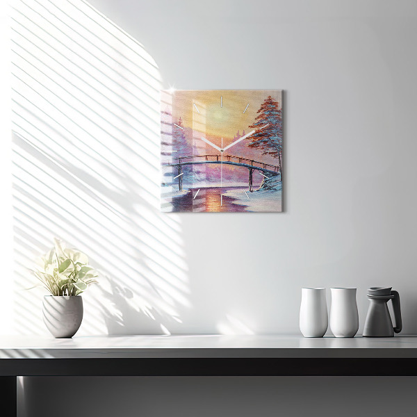 Čtvercové nástěnné hodiny Vánoční stromek a most