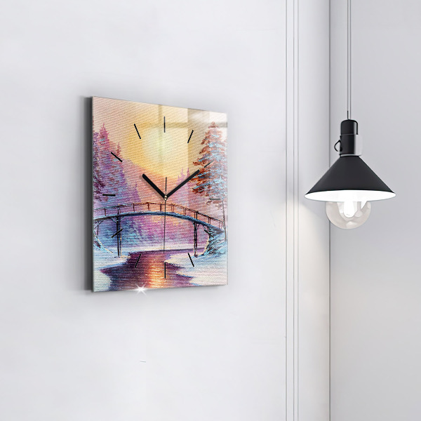 Čtvercové nástěnné hodiny Vánoční stromek a most