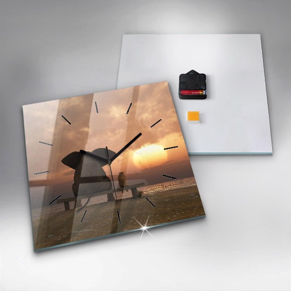 Skleněné hodiny čtvercové Zvířata a západ slunce