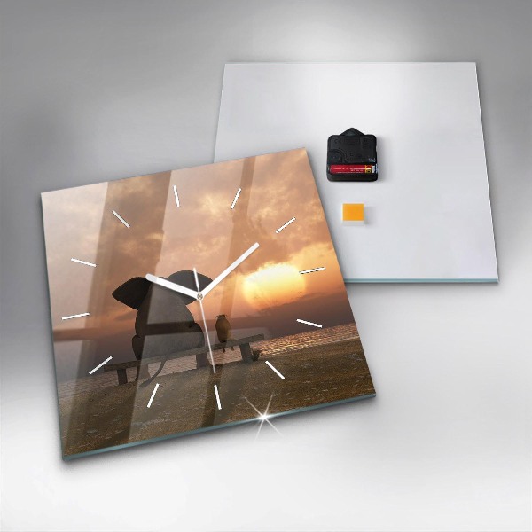 Skleněné hodiny čtvercové Zvířata a západ slunce