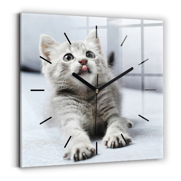 Skleněné hodiny čtvercové Kočka na pohovce