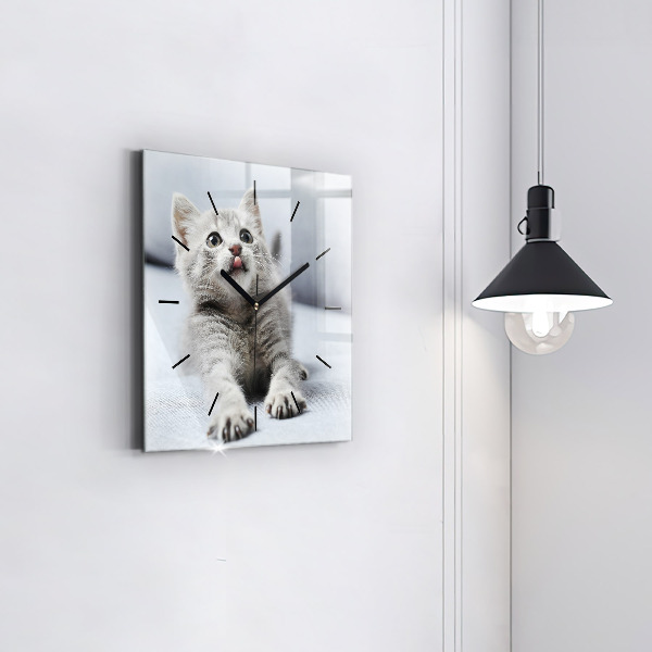Skleněné hodiny čtvercové Kočka na pohovce