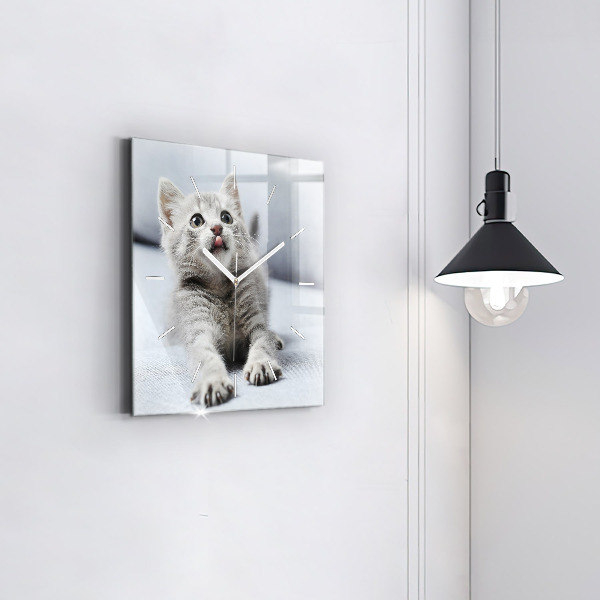 Skleněné hodiny čtvercové Kočka na pohovce