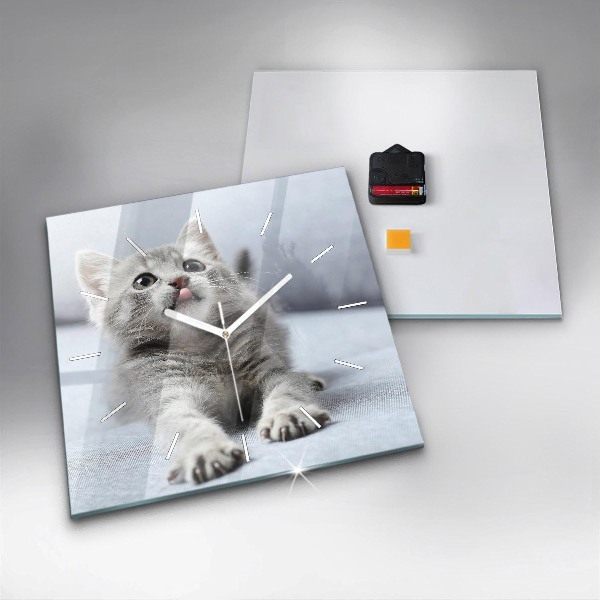 Skleněné hodiny čtvercové Kočka na pohovce