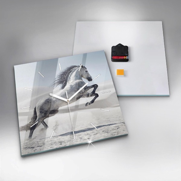 Skleněné hodiny čtvercové Cválající bílý kůň