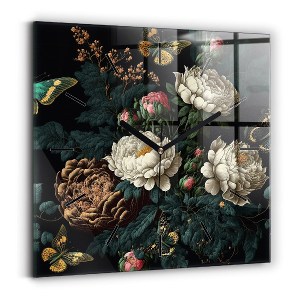 Čtvercové nástěnné hodiny Květina a zlatí motýli