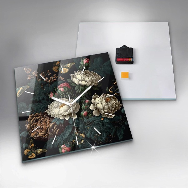 Čtvercové nástěnné hodiny Květina a zlatí motýli