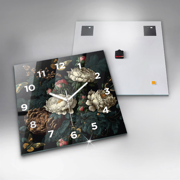 Čtvercové nástěnné hodiny Květina a zlatí motýli