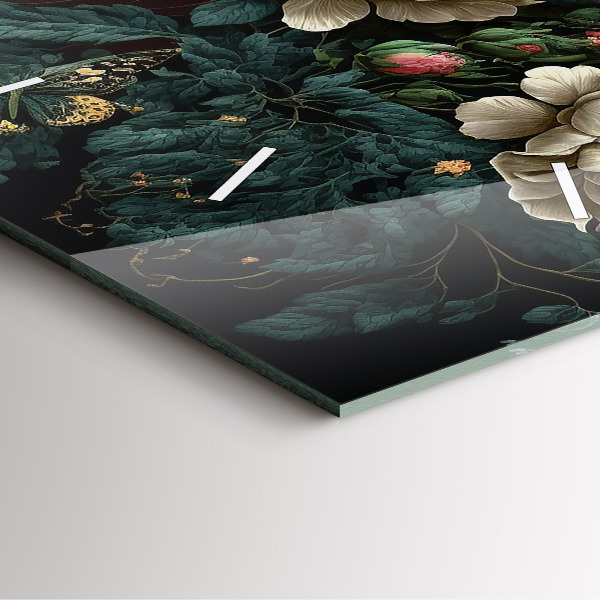 Čtvercové nástěnné hodiny Květina a zlatí motýli