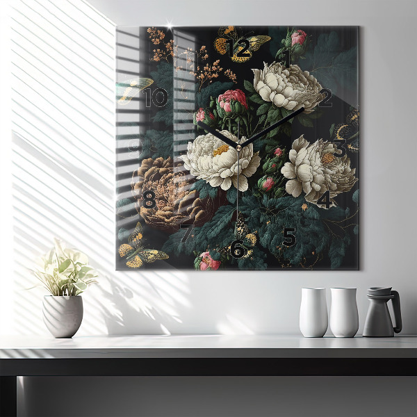 Čtvercové nástěnné hodiny Květina a zlatí motýli