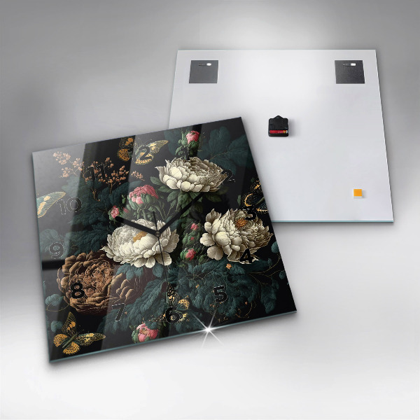 Čtvercové nástěnné hodiny Květina a zlatí motýli