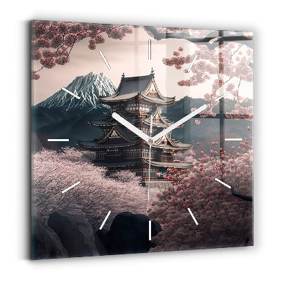 Čtvercové nástěnné hodiny Věž a květiny v Asii