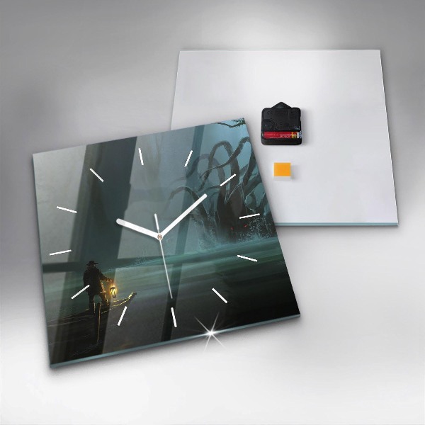 Čtvercové nástěnné hodiny Člověk a příšera v bažině