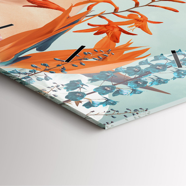 Čtvercové nástěnné hodiny Žena s květinami