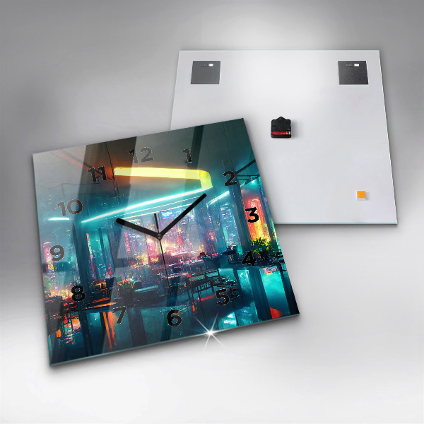Čtvercové nástěnné hodiny Město v kyberpunkovém stylu