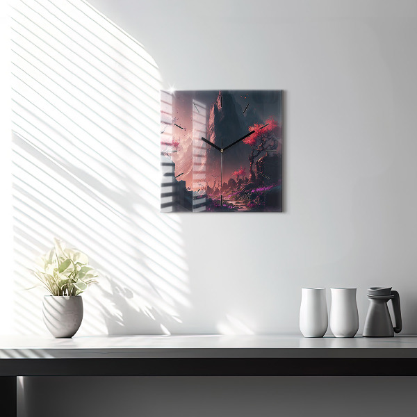 Čtvercové nástěnné hodiny Kouzelný les a hory