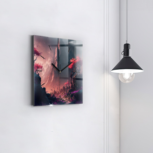 Čtvercové nástěnné hodiny Kouzelný les a hory