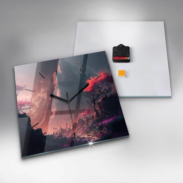 Čtvercové nástěnné hodiny Kouzelný les a hory