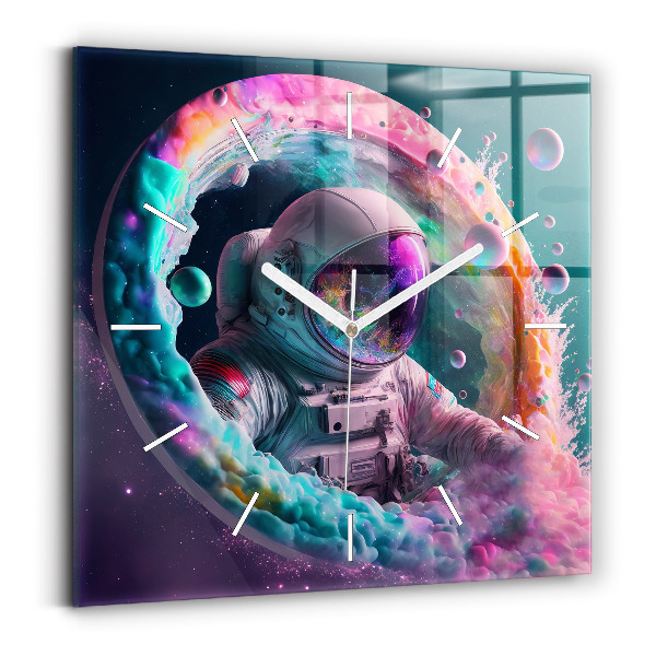Čtvercové nástěnné hodiny Kosmonaut a barevné mraky
