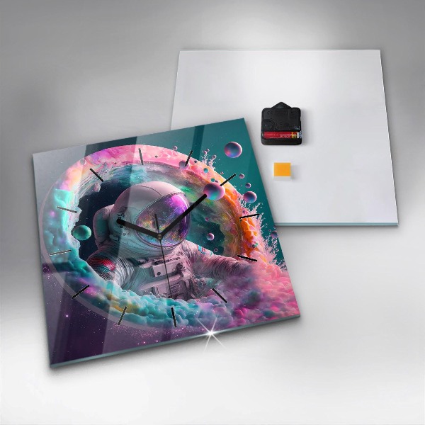 Čtvercové nástěnné hodiny Kosmonaut a barevné mraky
