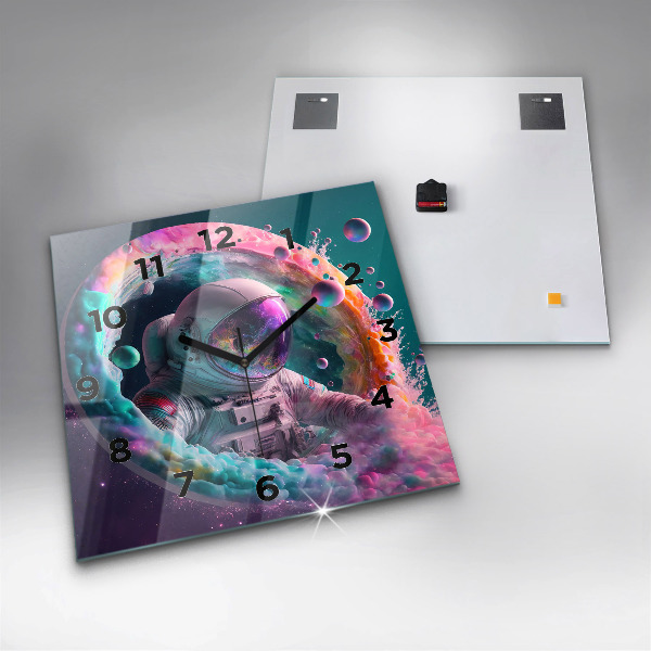 Čtvercové nástěnné hodiny Kosmonaut a barevné mraky