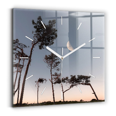 Čtvercové nástěnné hodiny Půlměsíc a stromy
