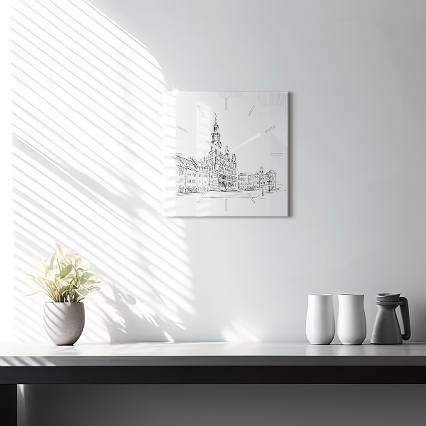 Čtvercové nástěnné hodiny Skica starého města Poznaně