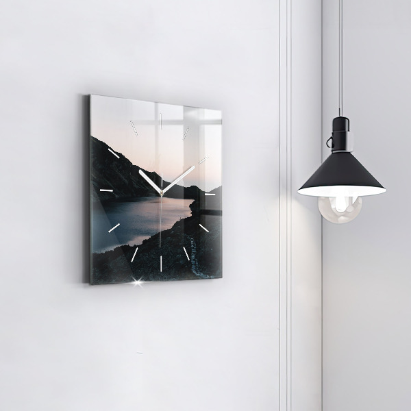 Čtvercové nástěnné hodiny Jezero a hory