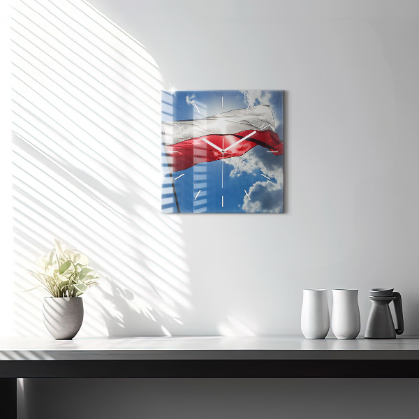 Čtvercové nástěnné hodiny Polská vlajka na pozadí oblohy