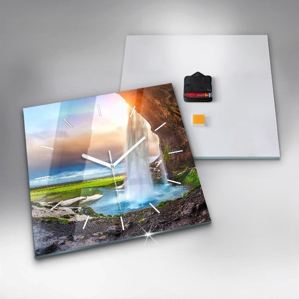 Skleněné hodiny čtvercové Vodopád na Islandu