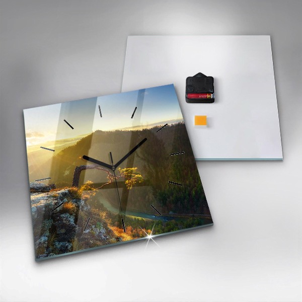 Skleněné hodiny čtvercové Západ slunce nad horami