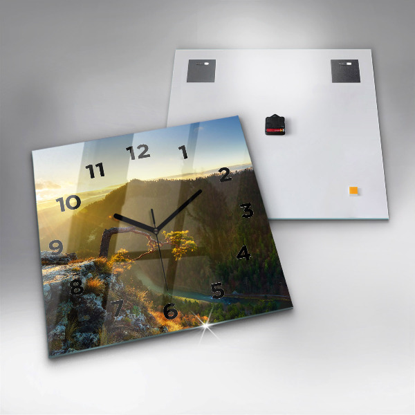 Skleněné hodiny čtvercové Západ slunce nad horami