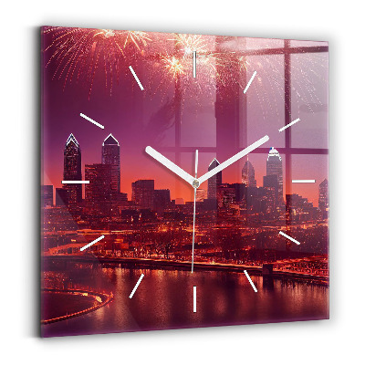 Čtvercové nástěnné hodiny Noční město ve Filadelfii