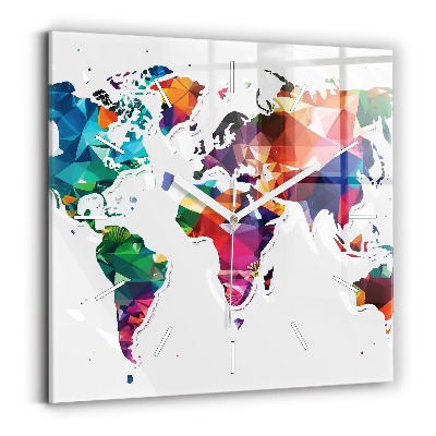 Čtvercové nástěnné hodiny Trojúhelníky na mapě světa