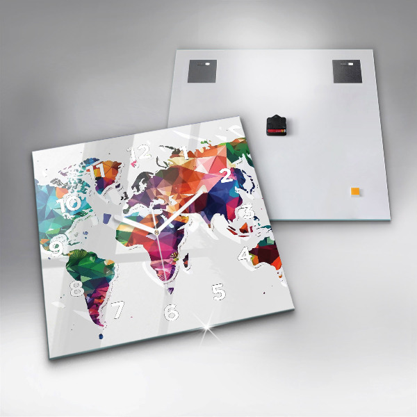 Čtvercové nástěnné hodiny Trojúhelníky na mapě světa