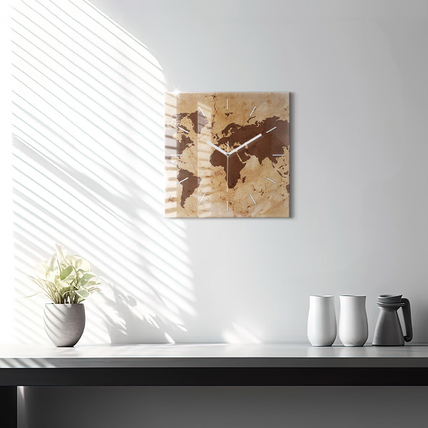 Skleněné hodiny čtvercové Vintage mapa světa