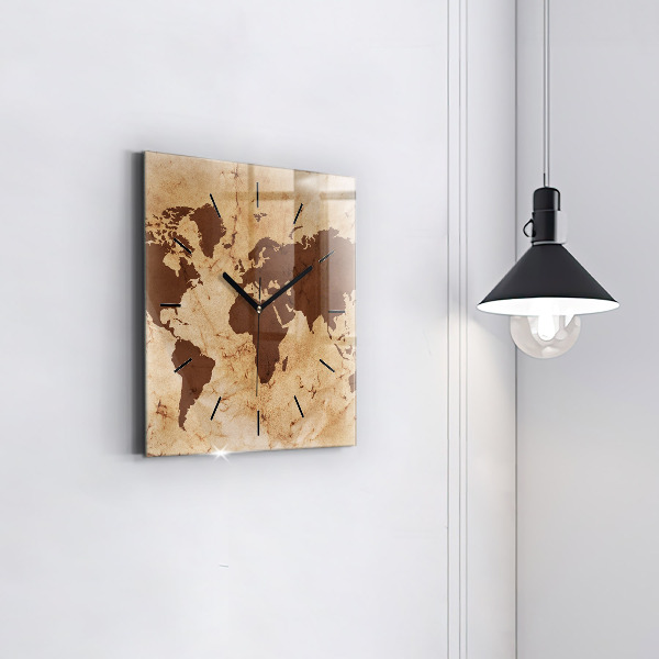 Skleněné hodiny čtvercové Vintage mapa světa