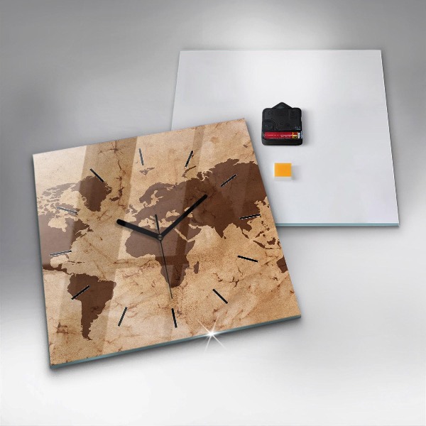 Skleněné hodiny čtvercové Vintage mapa světa