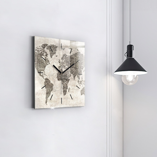 Čtvercové nástěnné hodiny Noviny s mapou světa