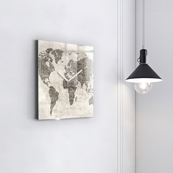 Čtvercové nástěnné hodiny Noviny s mapou světa