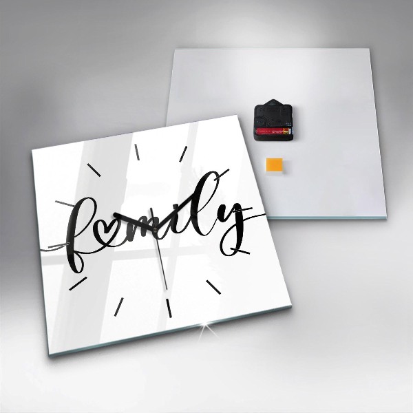 Čtvercové nástěnné hodiny Rodinný nápis a srdce