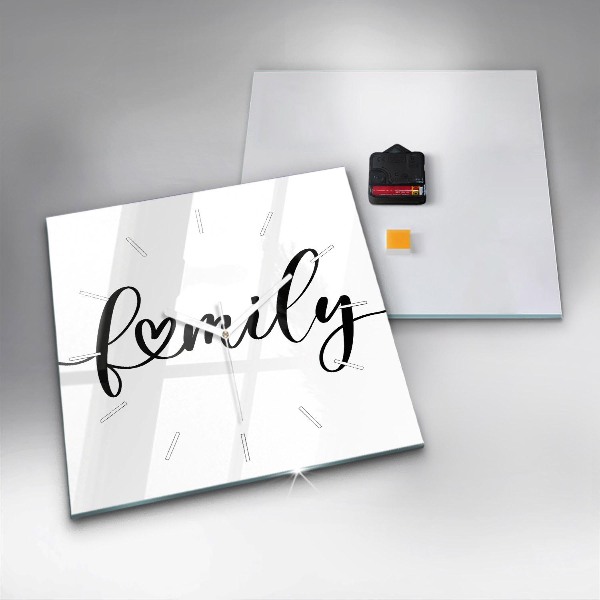 Čtvercové nástěnné hodiny Rodinný nápis a srdce