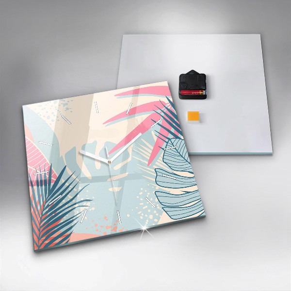 Čtvercové nástěnné hodiny Pastelové listy - tropy