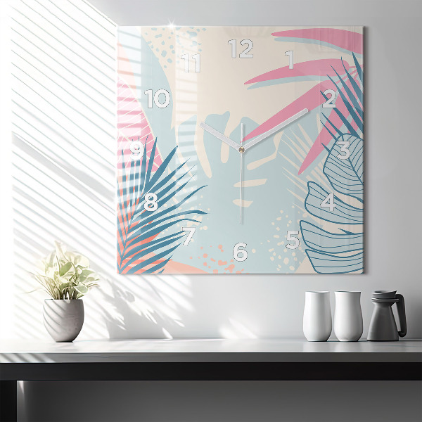 Čtvercové nástěnné hodiny Pastelové listy - tropy